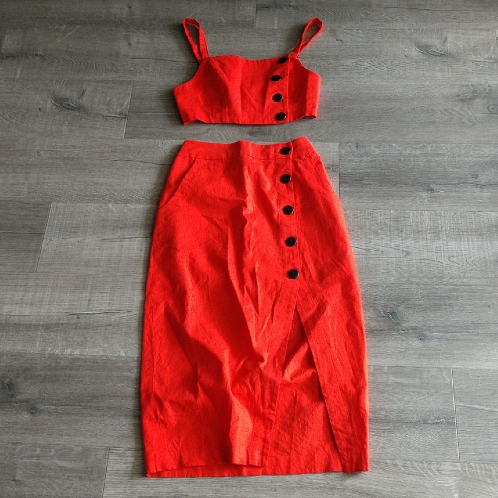 Red Buttoned Crop Top and Skirt Set